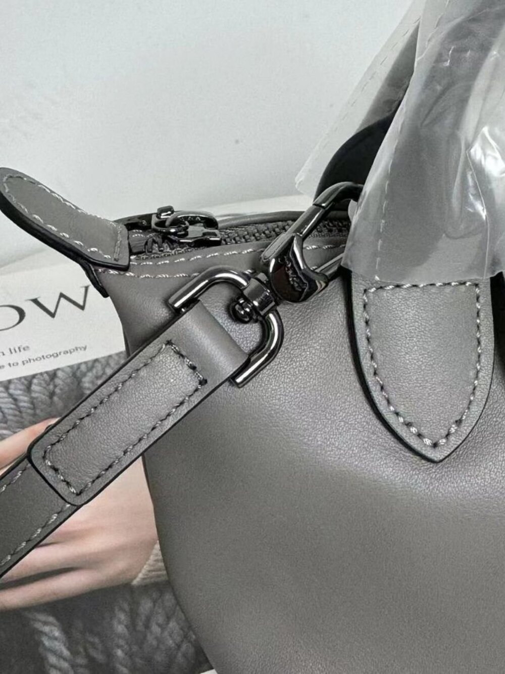 Longchamp Le Pliage XS Mini Grey Leather Trim Tote Crossbody Bag - Picture 3 of 8